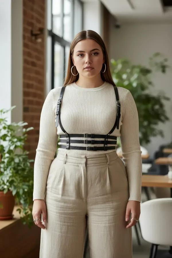 siyah vegan deri üç bantlı korse harness büyük beden krem kazak üzerine giyim gümüş toka detayı