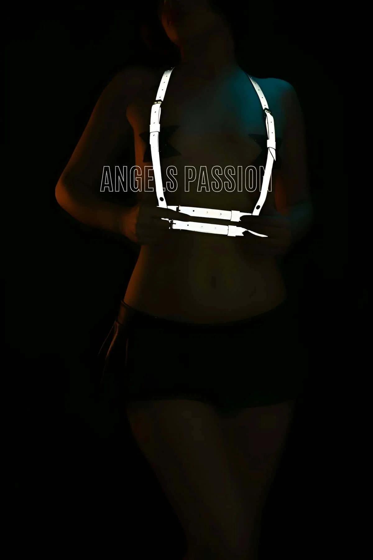 White reflective chest harness with wide adjustable nylon straps glowing against dark background, Y-shaped bib configuration
