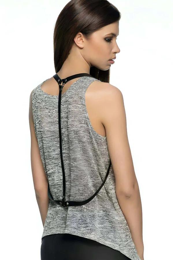 Black faux leather back body harness with silver O-ring worn over gray knit top, single vertical spine strap