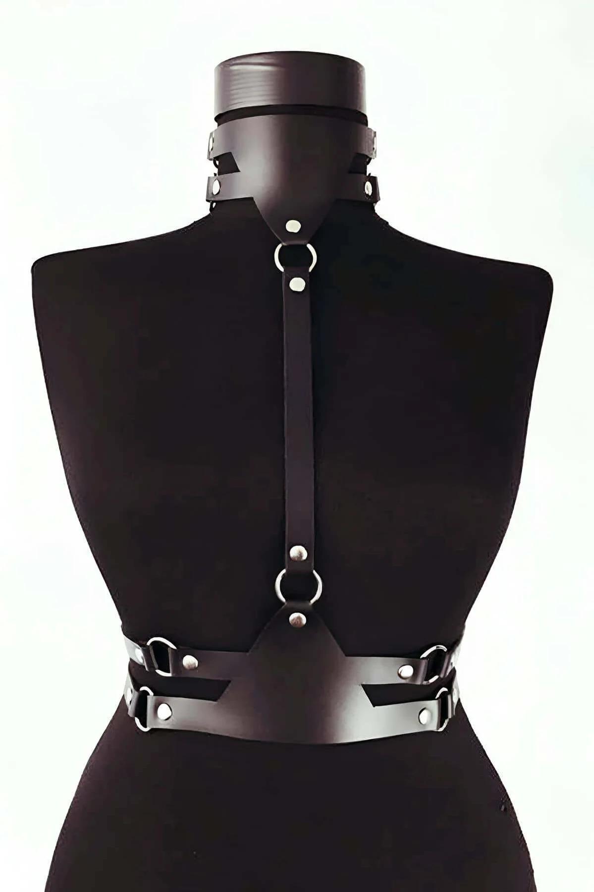 black faux leather body harness with choker collar center strap and three silver O-ring accents on mannequin