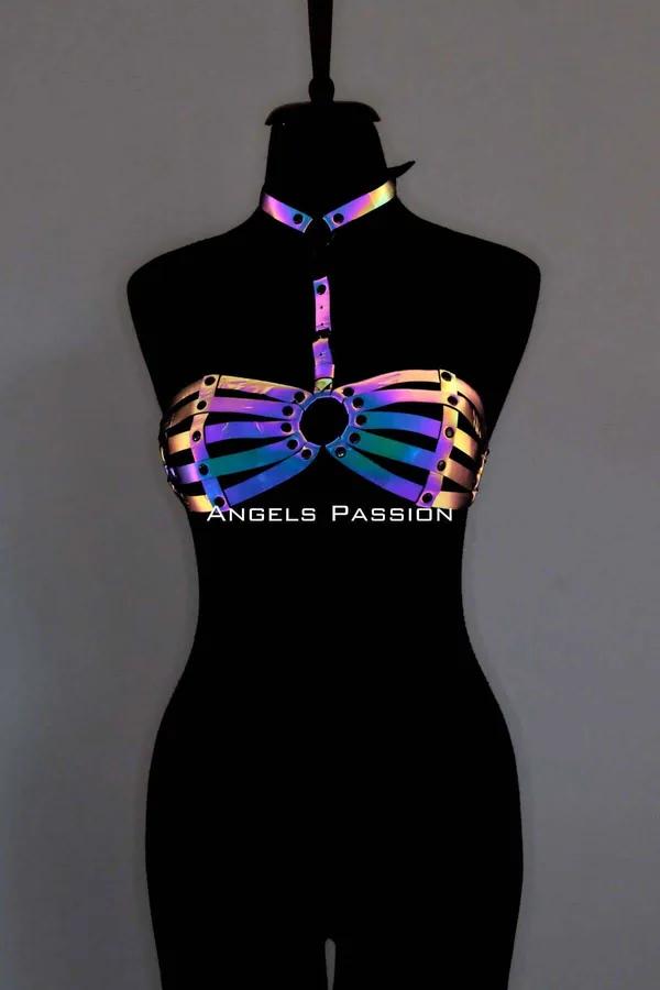 Iridescent reflective chest harness with O-ring and matching choker, holographic purple-blue-gold PVC cage straps on mannequi