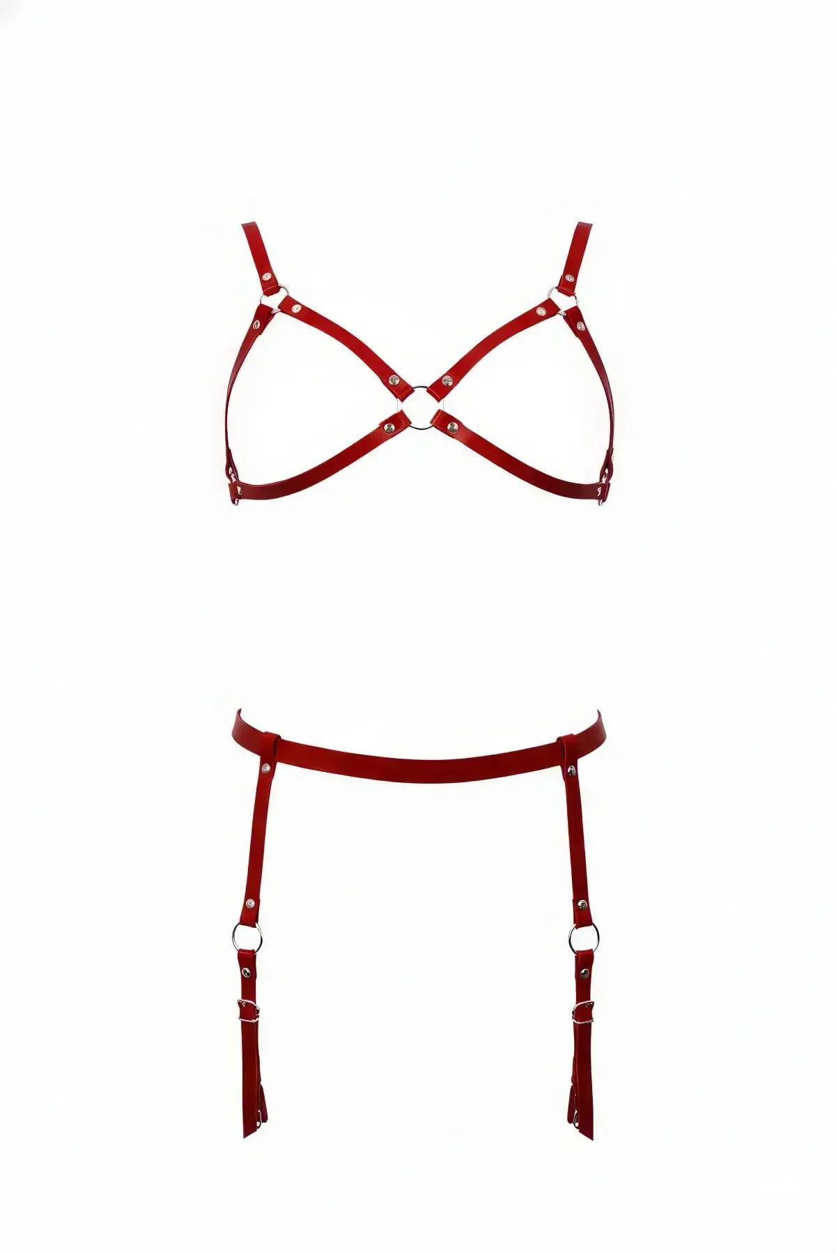kırmızı vegan deri harness takım bustier O-halkalı ve jartiyer kemeri gümüş metal halkalar