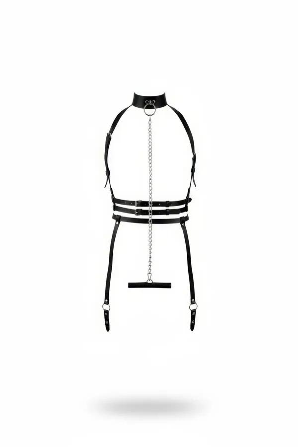 siyah vegan deri harness takım boyunluklu gümüş zincir ve bacak askılı O-halka detaylı tam set