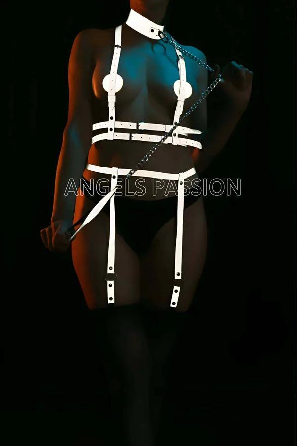 White reflective full body harness with collar O-ring, dual bust rings, triple waist bands, leg straps, and detachable dark-m