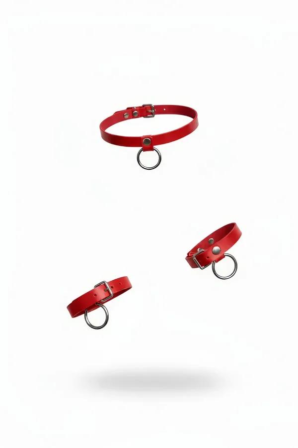 kırmızı vegan deri choker gümüş O-halka ve toka detaylı boyunluk aksesuar