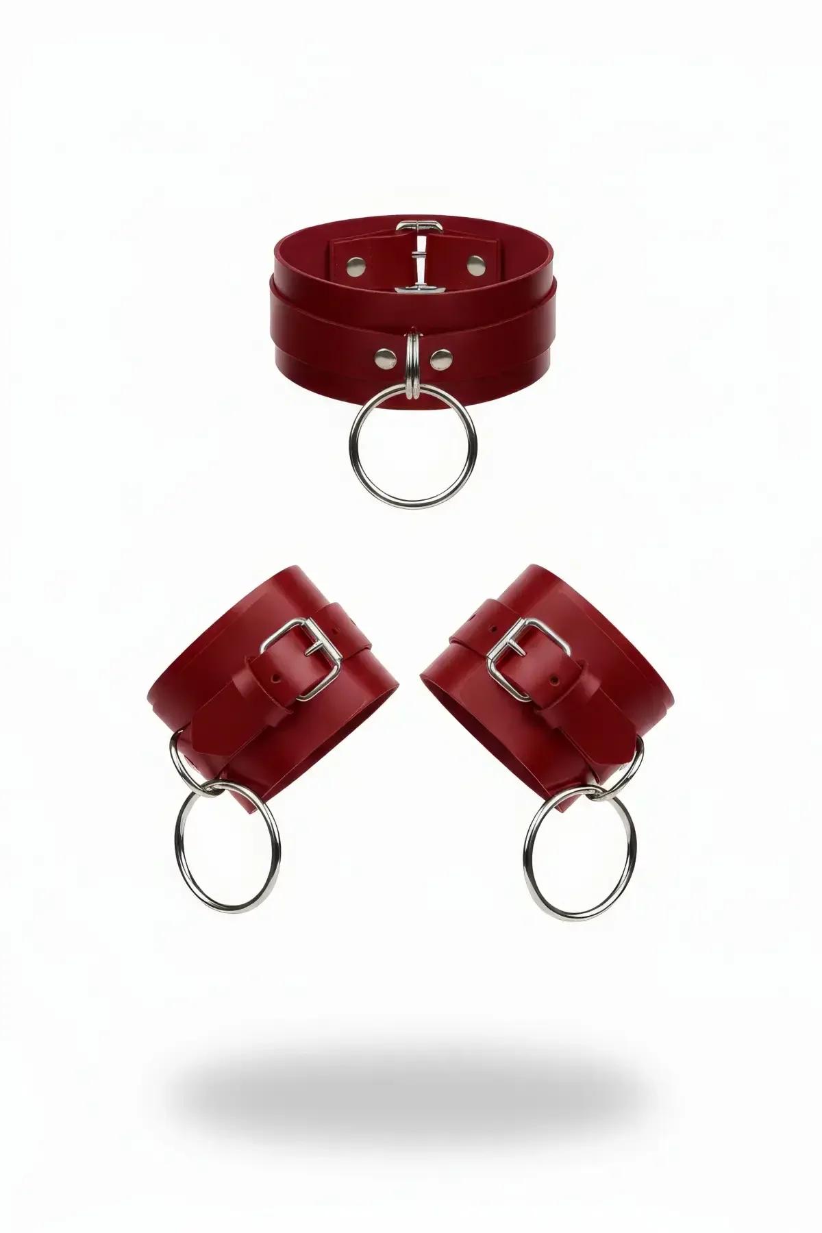 kırmızı vegan deri kalın choker gümüş O halka ve eşleşen bilek kelepçeleri seti
