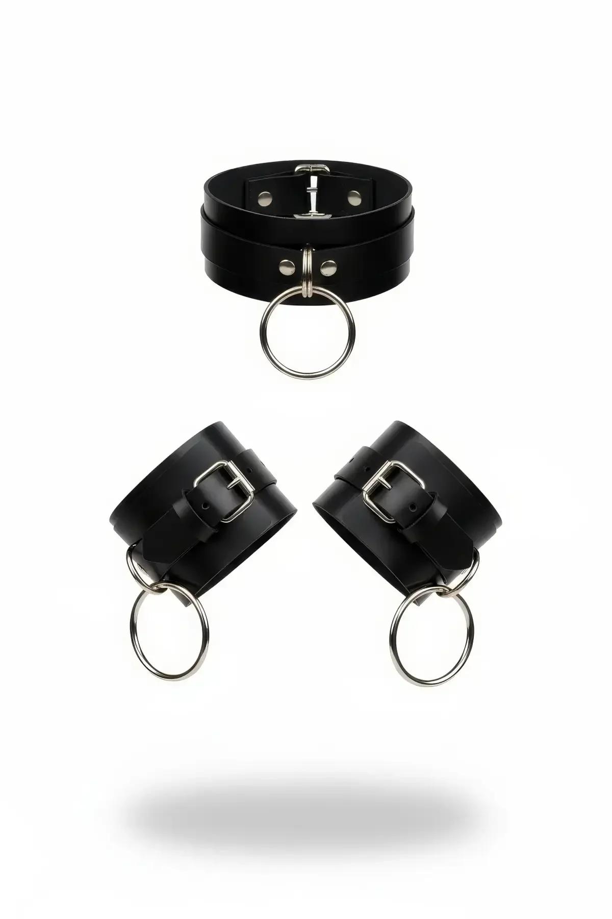 siyah kalın vegan deri choker gümüş metal O-halka ve iki eşleşen bileklik aksesuar seti