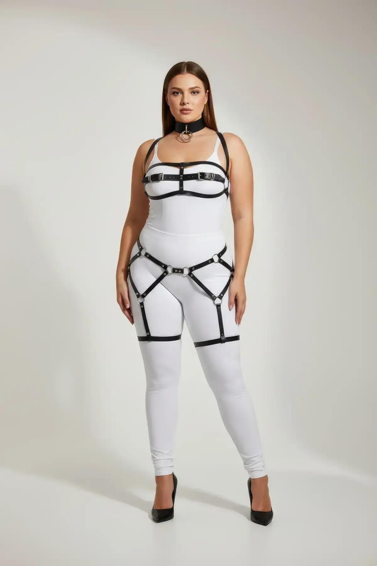 büyük beden siyah vegan deri jartiyer harness takım göğüs bel uyluk ve choker gümüş O-halka