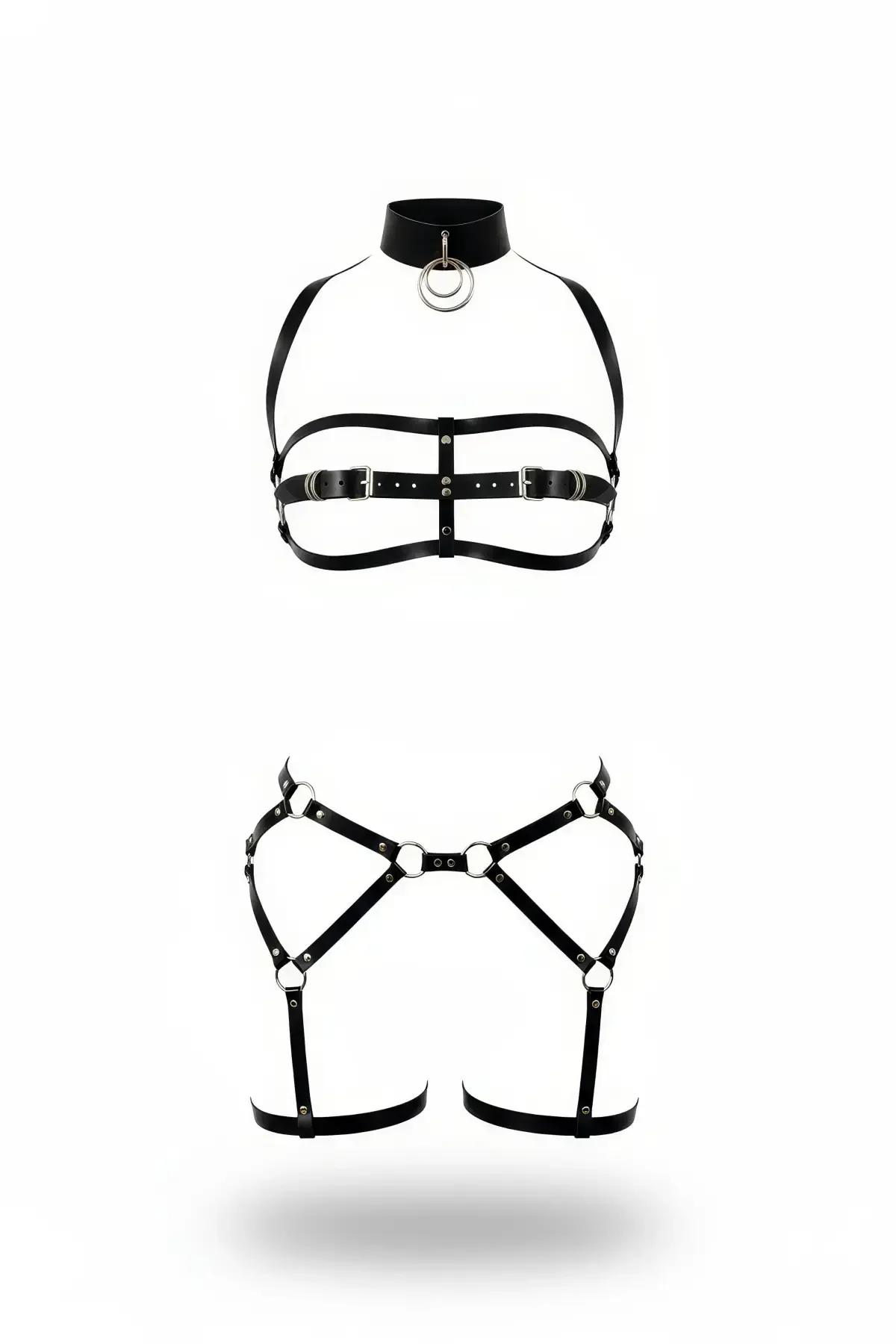 siyah faux leather harness takım gümüş O halka detaylı choker ve bacak harness seti