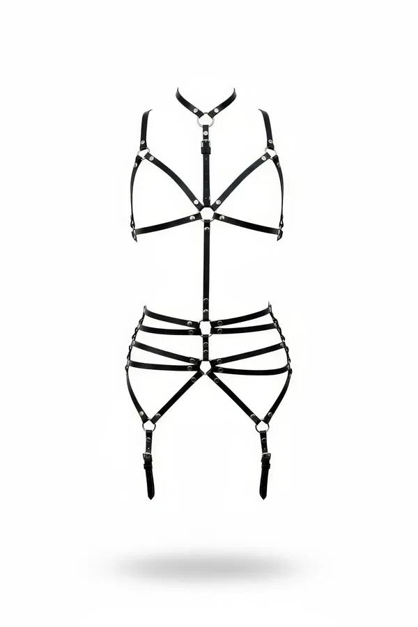 siyah vegan deri tam vücut body harness boyunluklu gümüş metal O-halka detaylı uyluk askılı tek parça