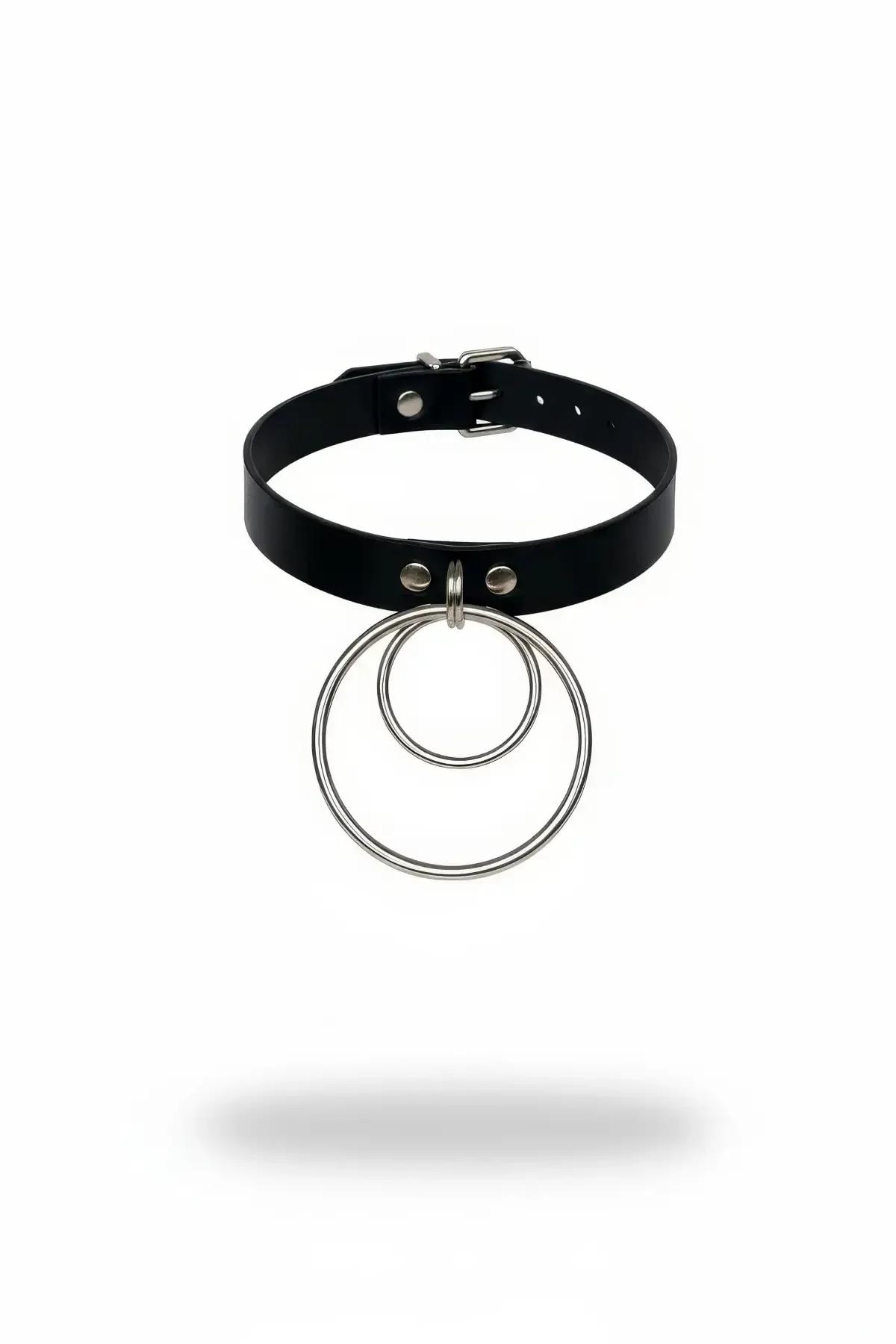 siyah vegan deri ince bant choker gümüş iç içe çift metal halka detaylı önden görünüm