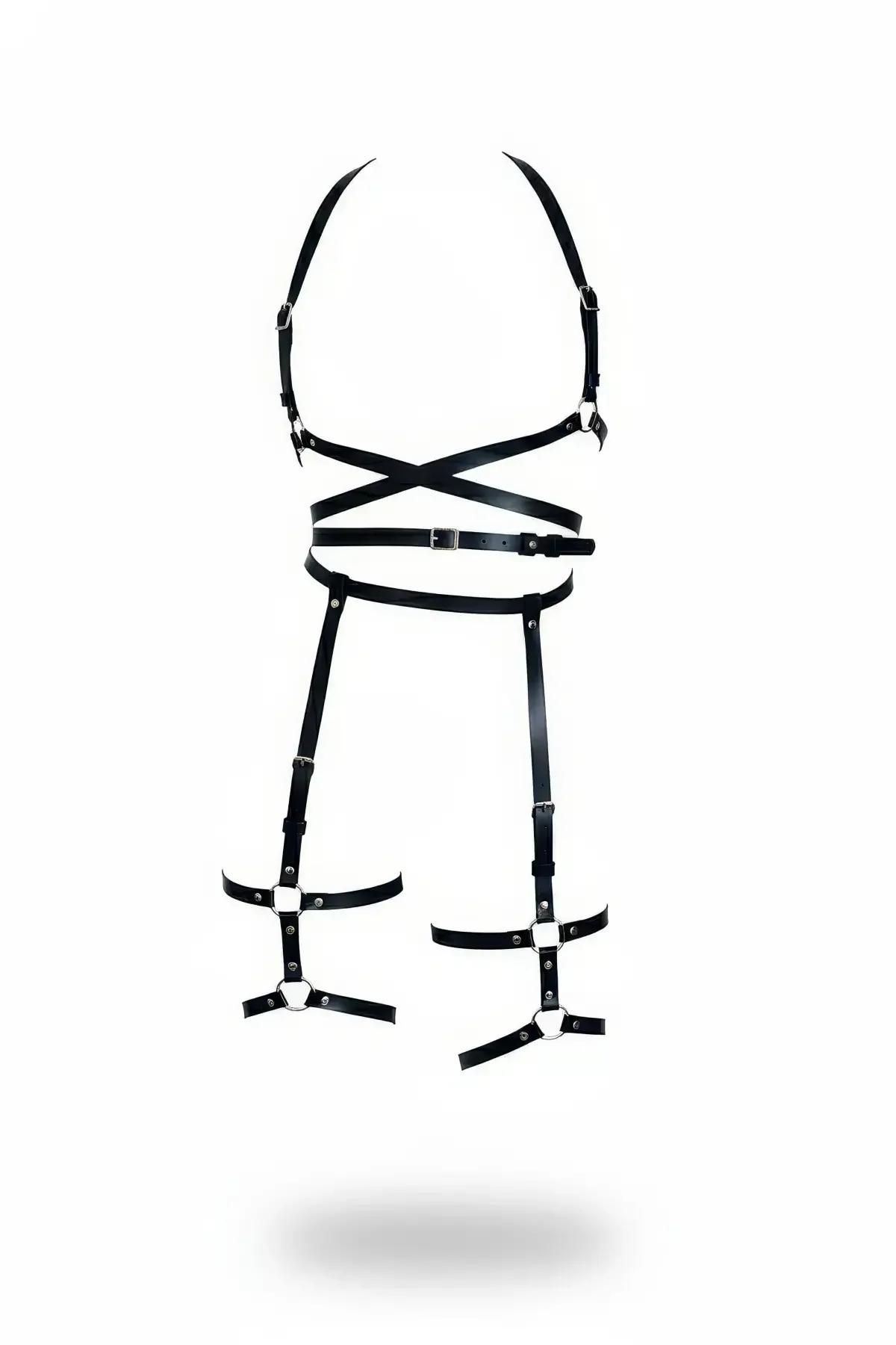 siyah faux leather full body harness jartiyer takımı çapraz göğüs askısı ve gümüş O-ring bacak jartiyeri