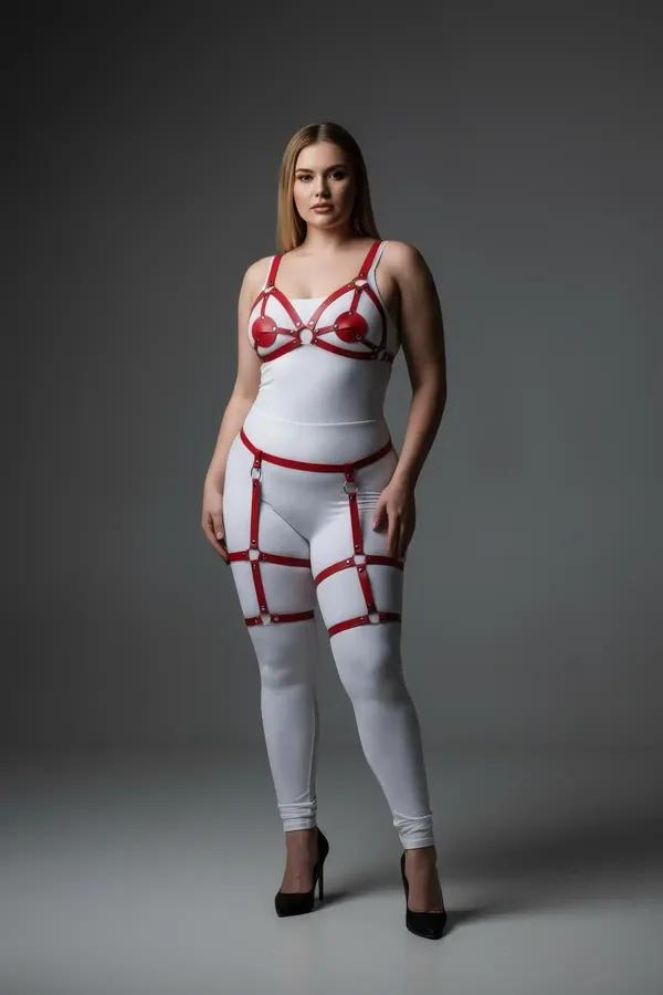 kırmızı vegan deri jartiyer harness takımı büyük beden silver O-ring göğüs bel bacak kafes set