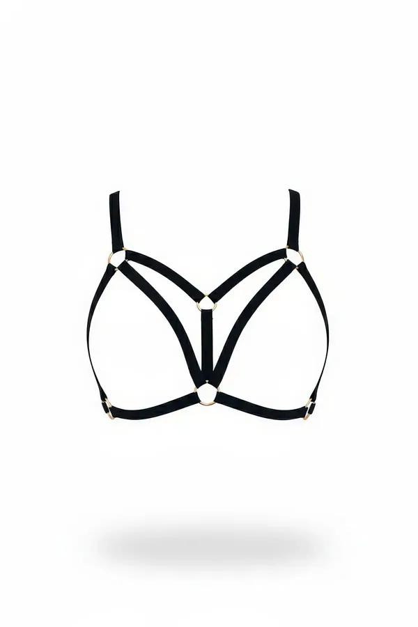 siyah elastik bantlı düğmeli harness bralet altın O-halka toka detaylı ön görünüm