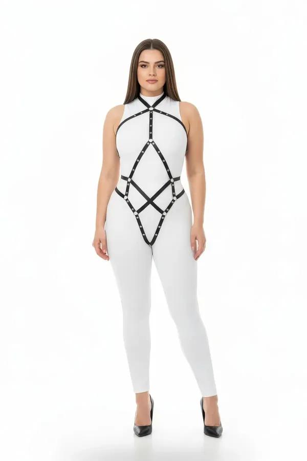 büyük beden siyah vegan deri harness gümüş metal halkalı geometrik şerit vücut aksesuar