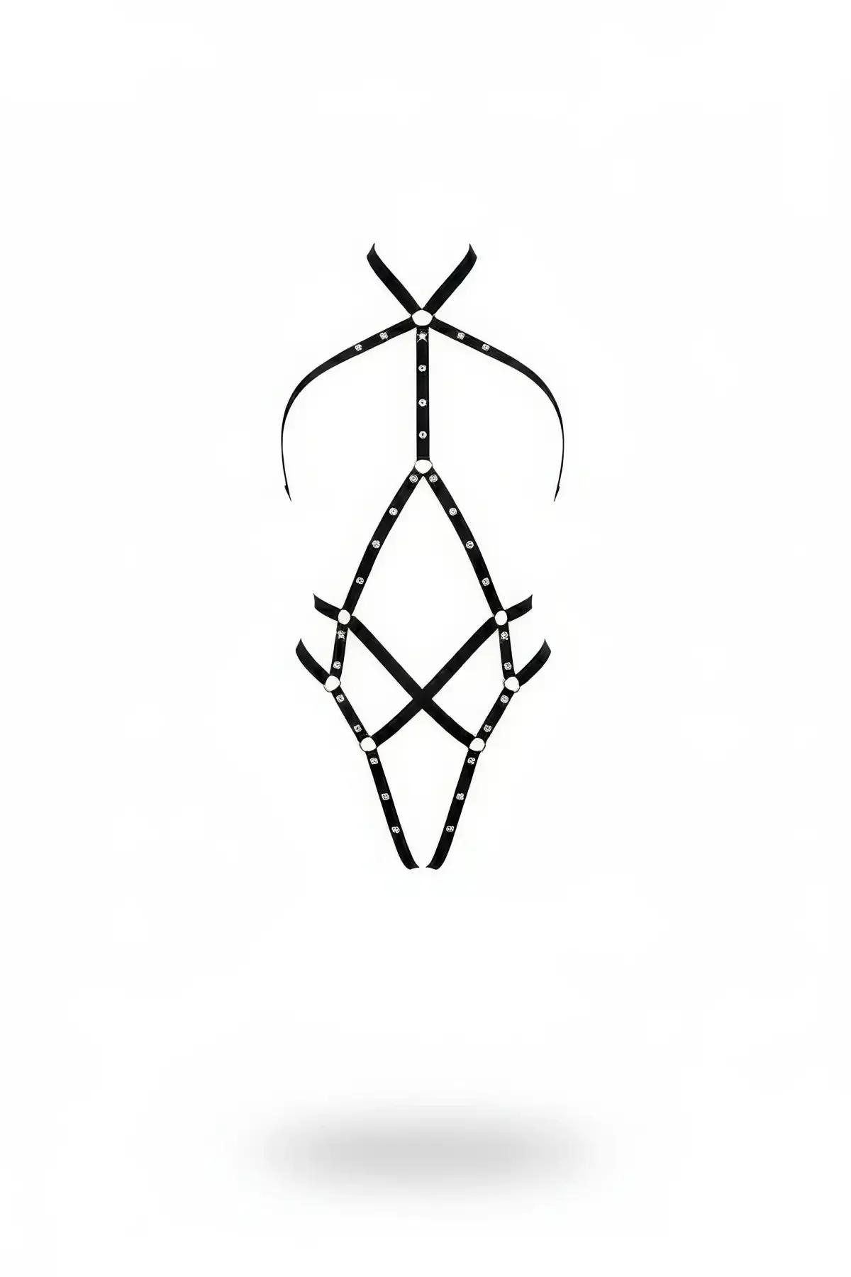 siyah body harness geometrik elmas desen gümüş metal O-halka detaylı tam vücut aksesuarı