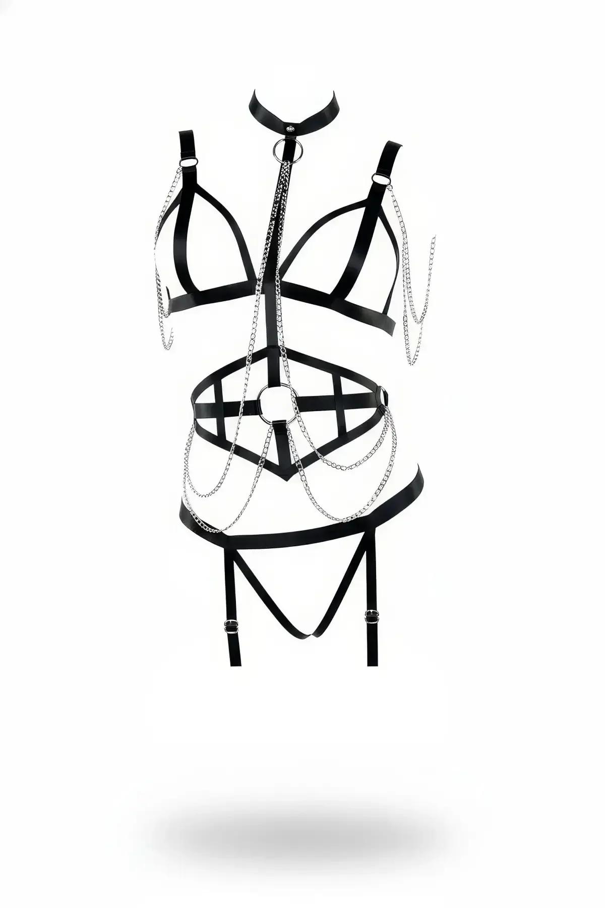 Siyah vegan deri harness takım gümüş zincir detaylı choker yaka ve jartiyerli alt bant seti