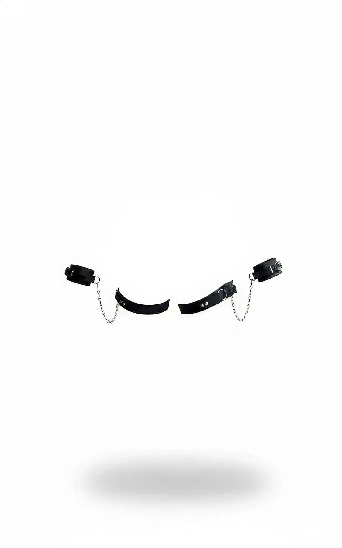 siyah vegan deri harness takım zincirli manşet seti gümüş metal toka detaylı