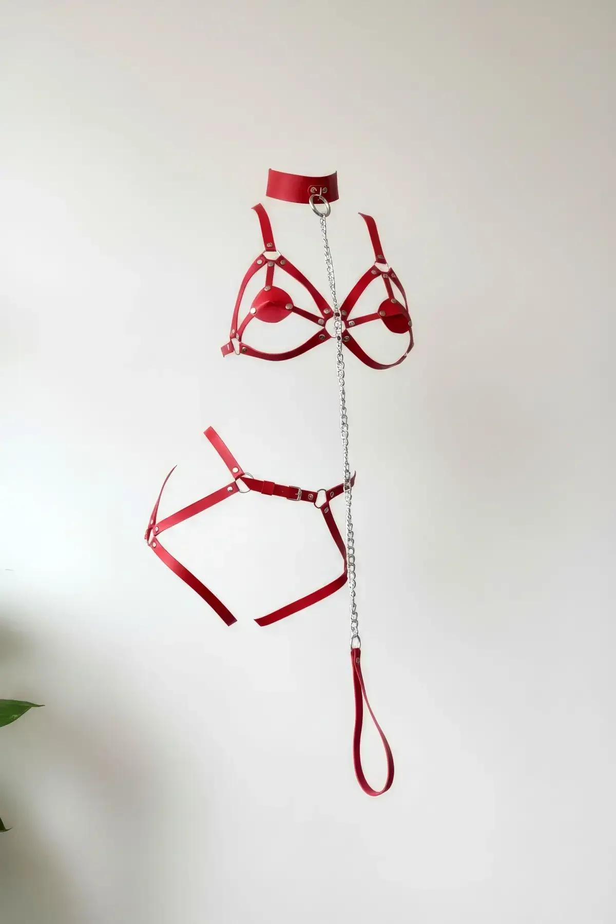 kırmızı vegan deri jartiyer harness vücut takımı gümüş zincir ve choker detaylı üç parça set