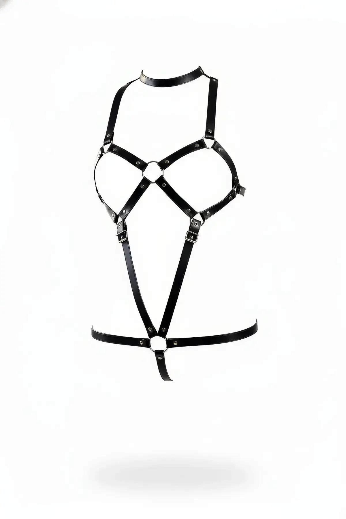 Siyah faux leather body harness gümüş O-ring ve choker bantlı tam vücut geometrik kayış yapısı