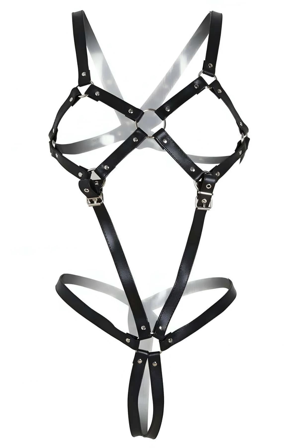 black faux leather full body harness with cross-chest X-strap design, silver O-ring hardware, and G-string bottom