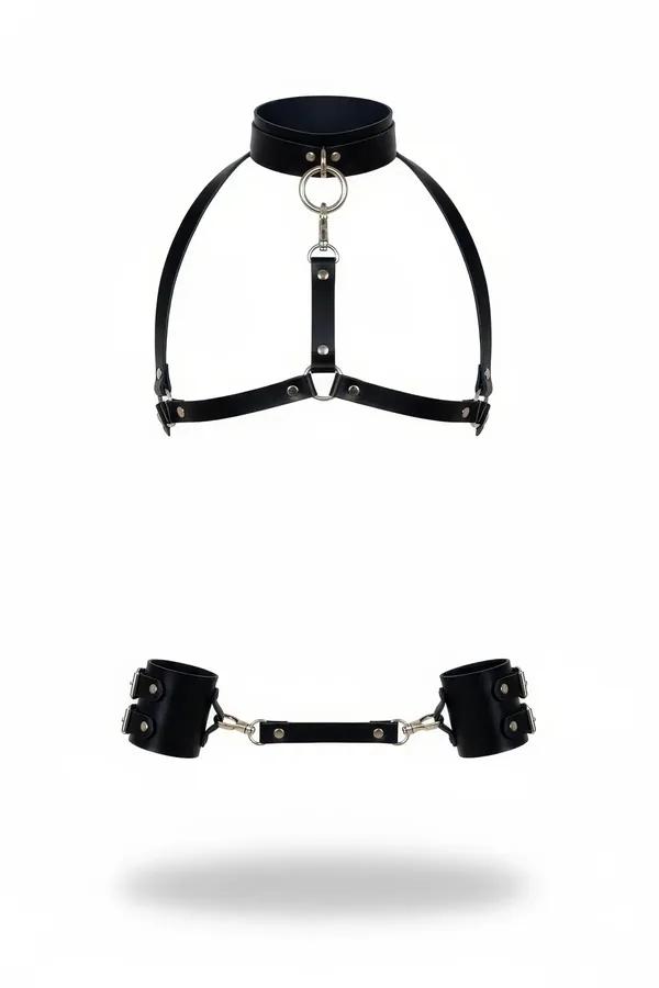 Siyah vegan deri boyunluk harness gümüş O-halka ve bilek kelepçe seti 3 parça