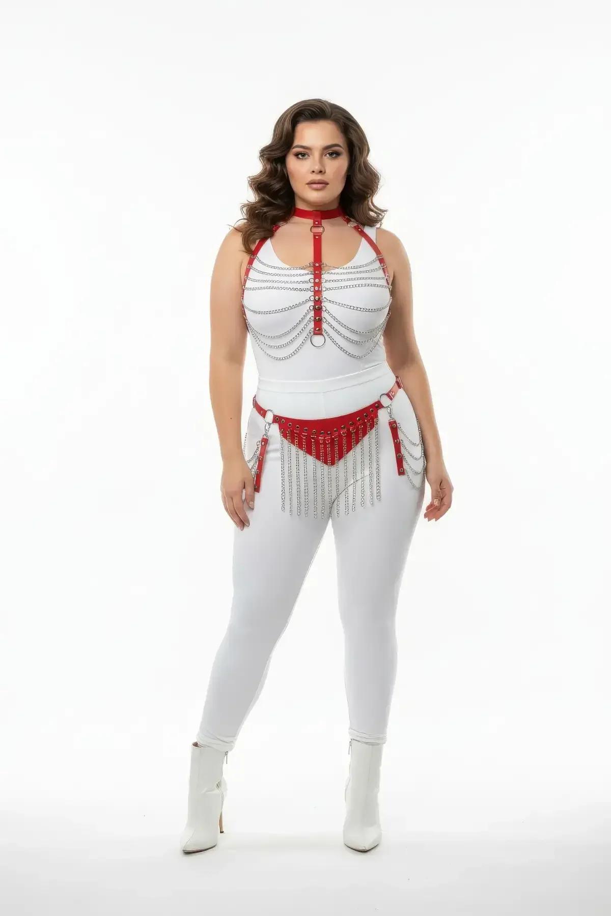 büyük beden kırmızı suni deri harness takım gümüş zincir detaylı choker ve kalça parçası