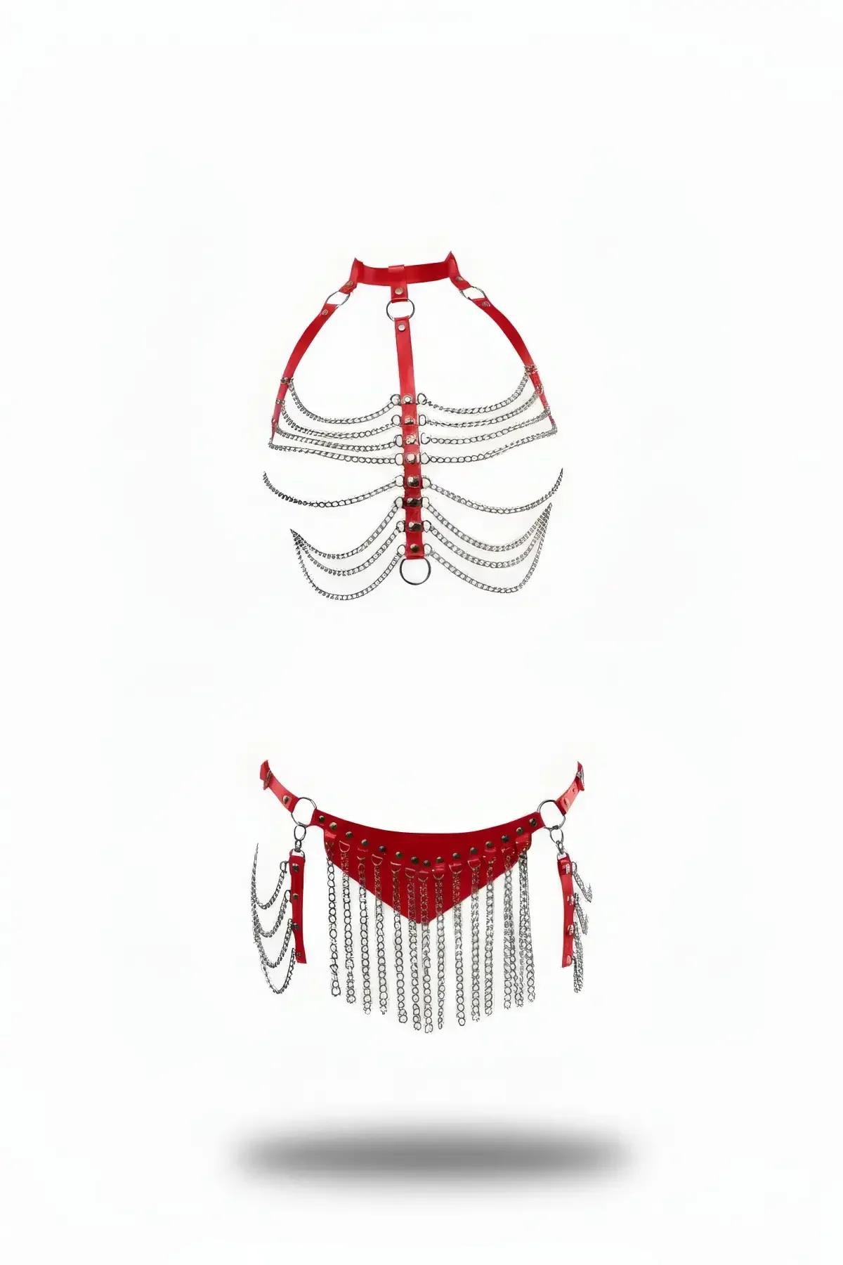 kırmızı suni deri zincirli iki parça vücut harness set, gümüş metal katmanlı zincir ve O-ring detay