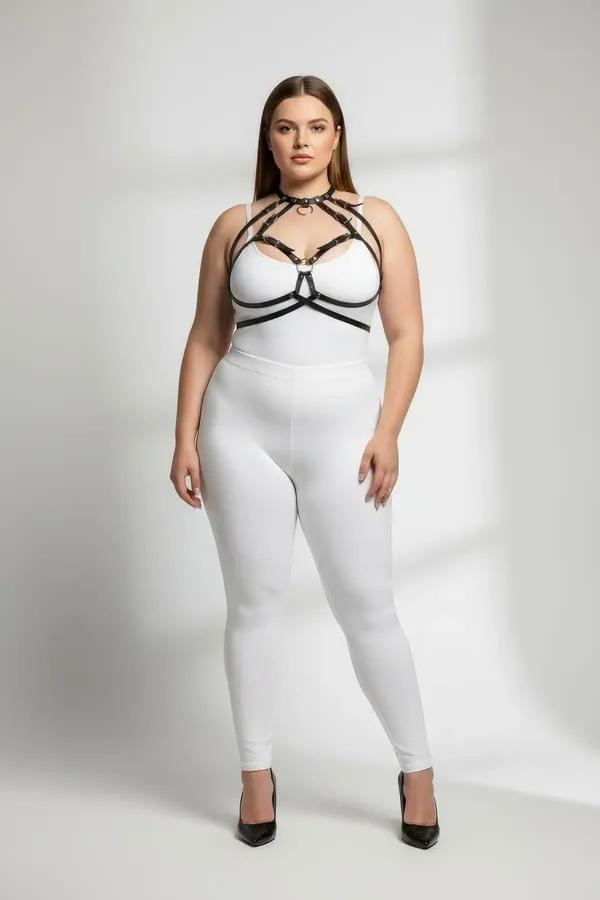 siyah vegan deri büyük beden harness takım altın O-halka ve toka detaylı giyim üzeri aksesuar