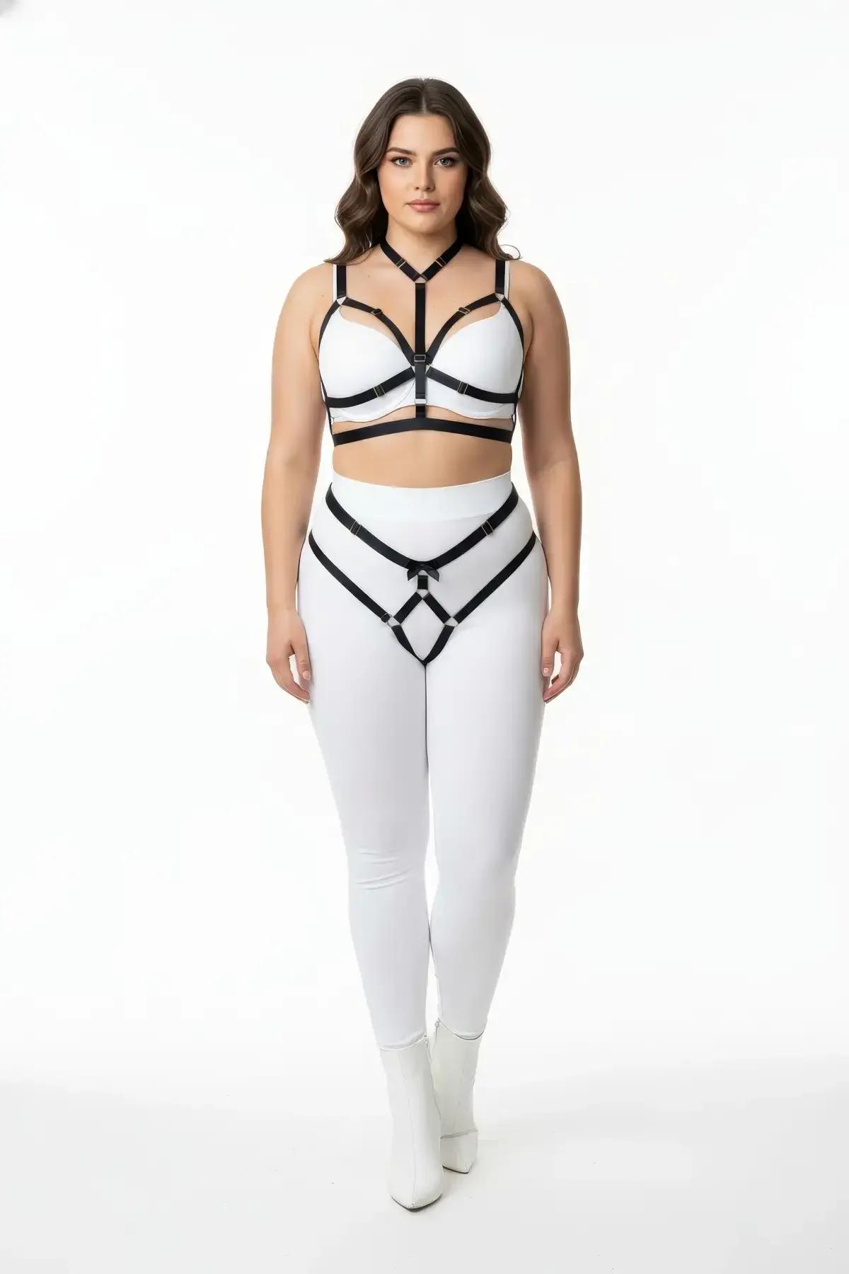 Büyük beden siyah lastik harness takım halka detaylı, göğüs ve bel harness iki parçalı set