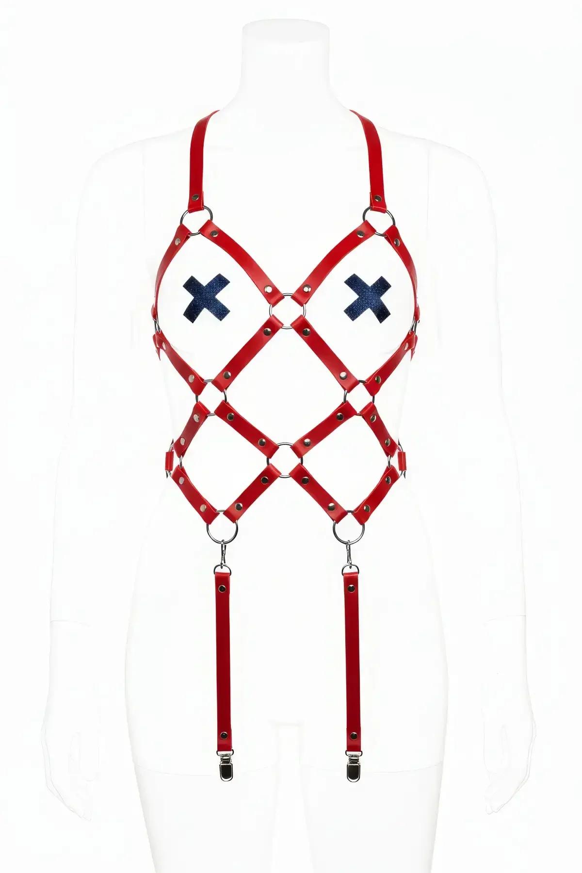 Kırmızı faux leather body harness X kafes desen gümüş O-halka ve 4 garter straps klips