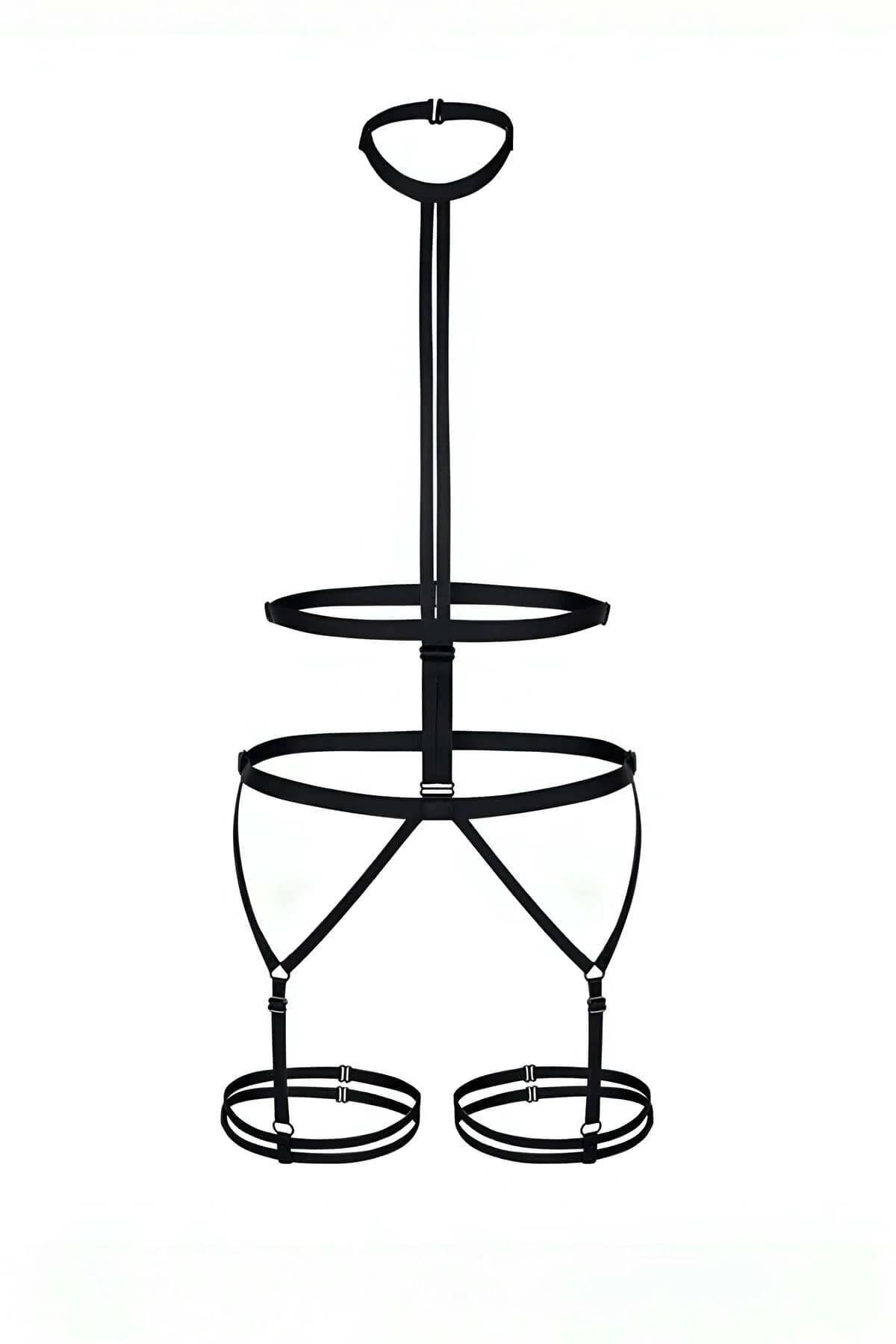 Black elastic full body harness with D-ring neck collar, dual waist bands, triangular hip cage, and double silver-ring leg ga