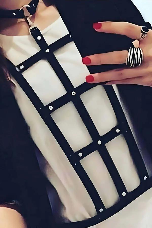 Grid Faux Leather Body Harness with Studs