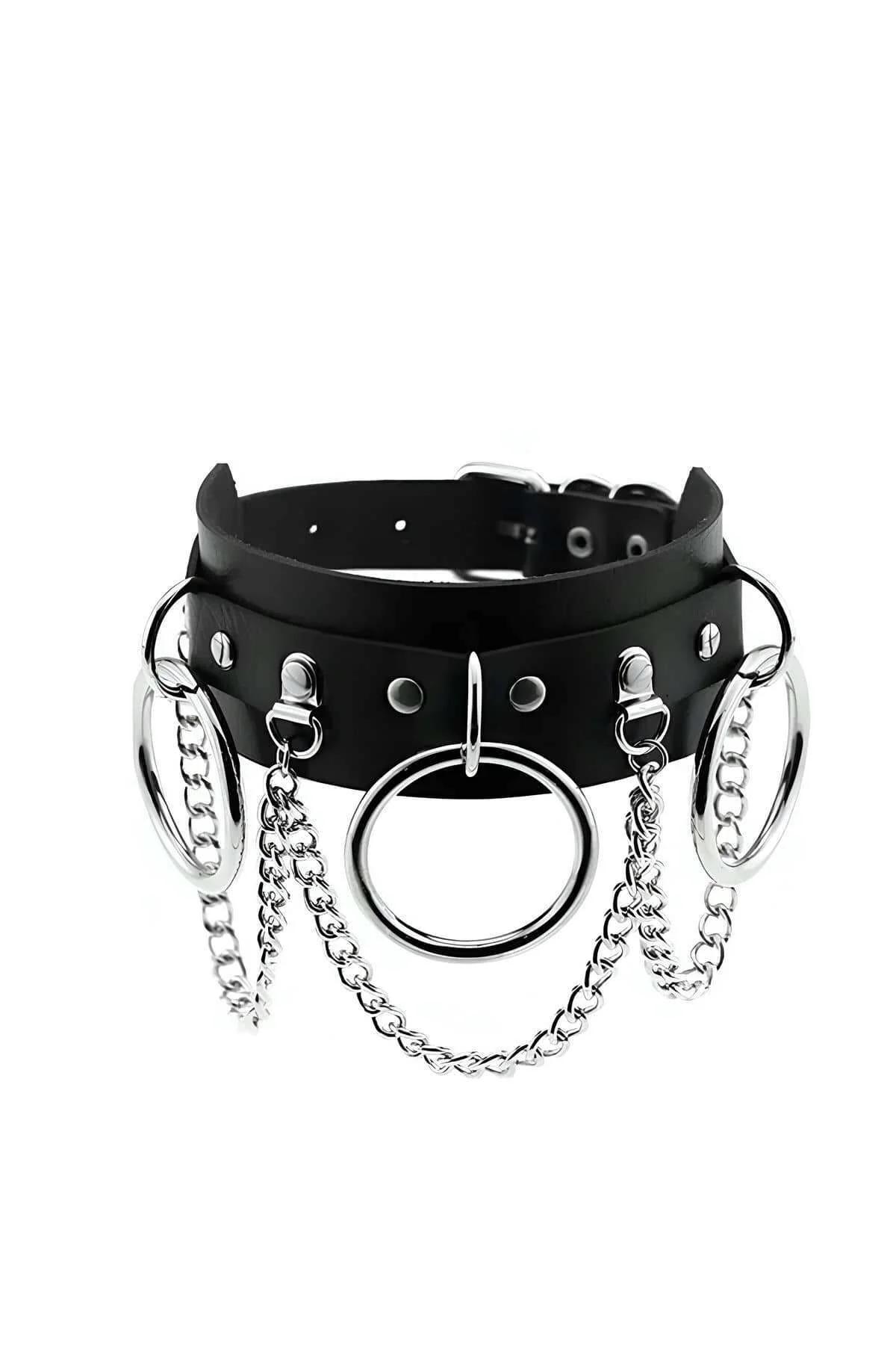 black faux leather wide choker necklace with central O-ring two side rings and three draped silver-tone curb chains
