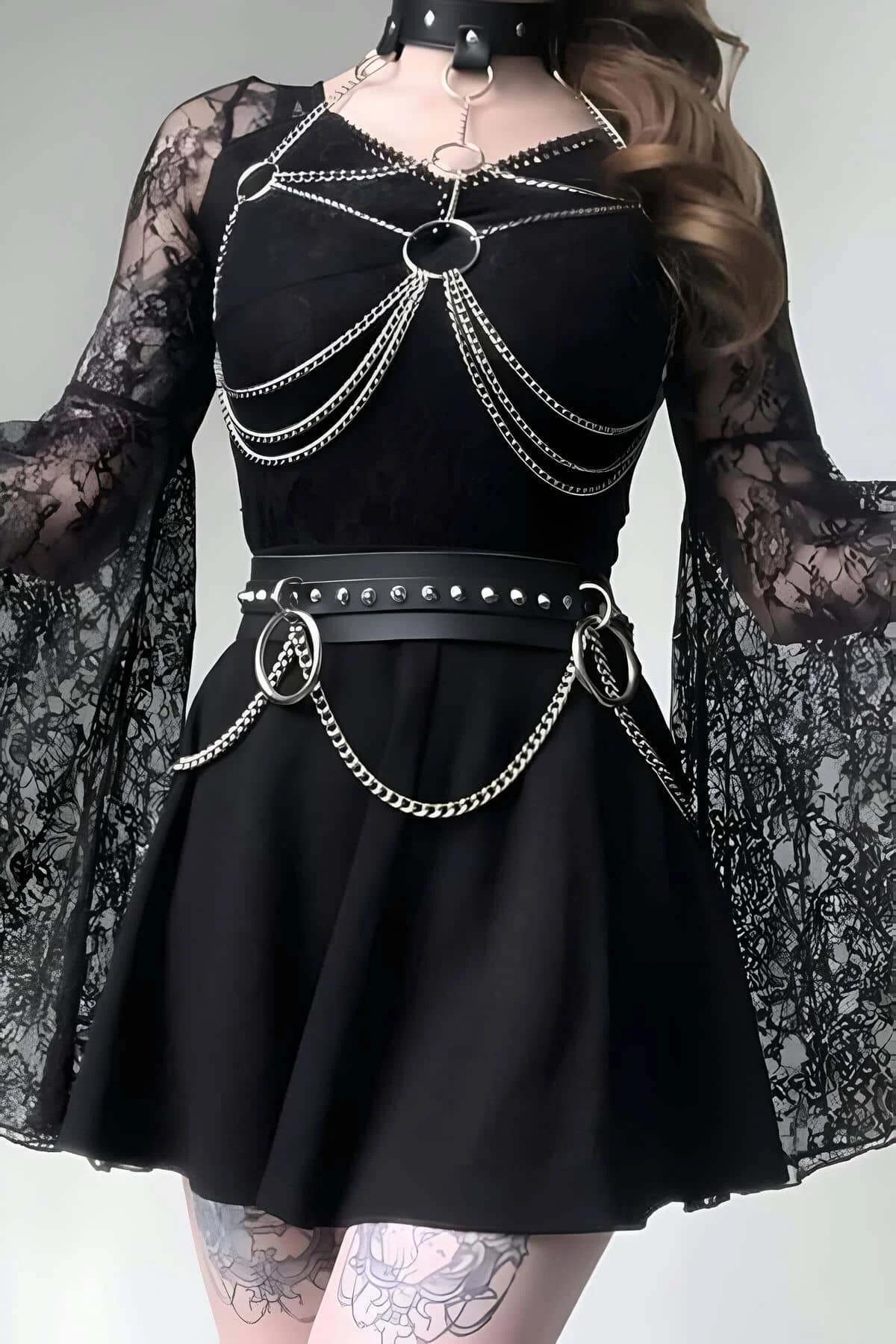 Black faux leather body harness set with layered silver chains chest harness studded waist belt and spiked choker collar