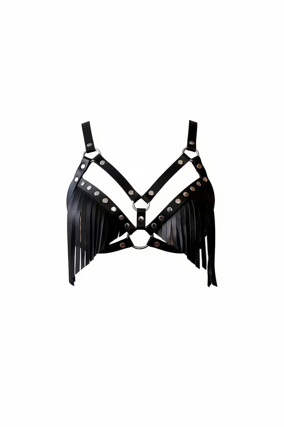 Püsküllü vücut zinciri siyah vegan deri gümüş metal zımba ve O-ring detaylı kadın harness