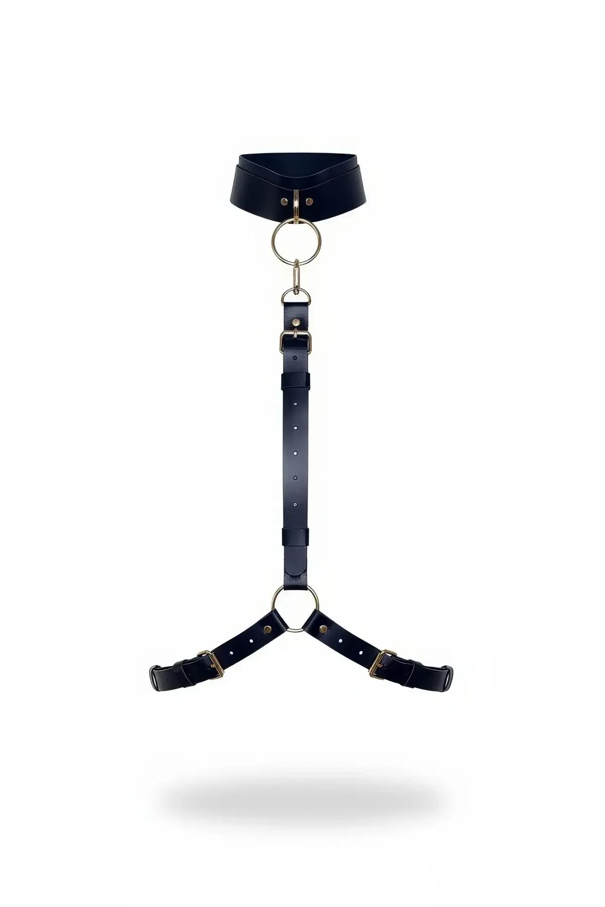 siyah vegan deri choker vücut harness altın O halka ve V bel bandı detayı