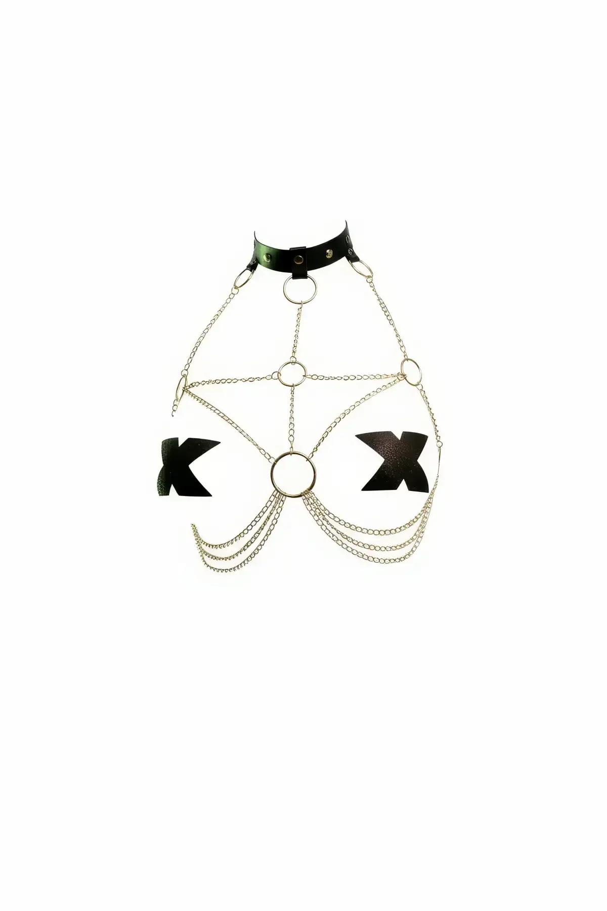 siyah vegan deri choker altın zincirli vücut aksesuarı O-halka detaylı göğüs kemer