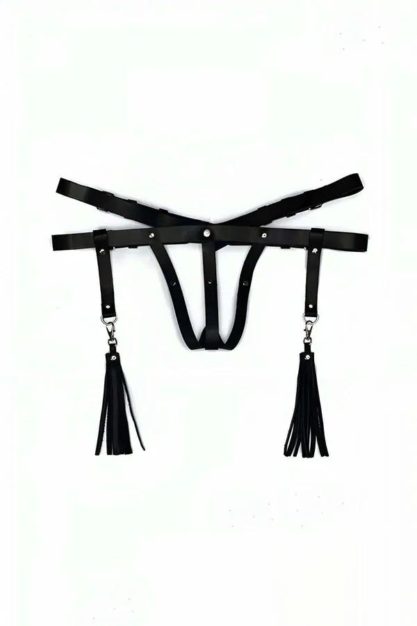 Faux Leather Thong Harness with Detachable Tassels