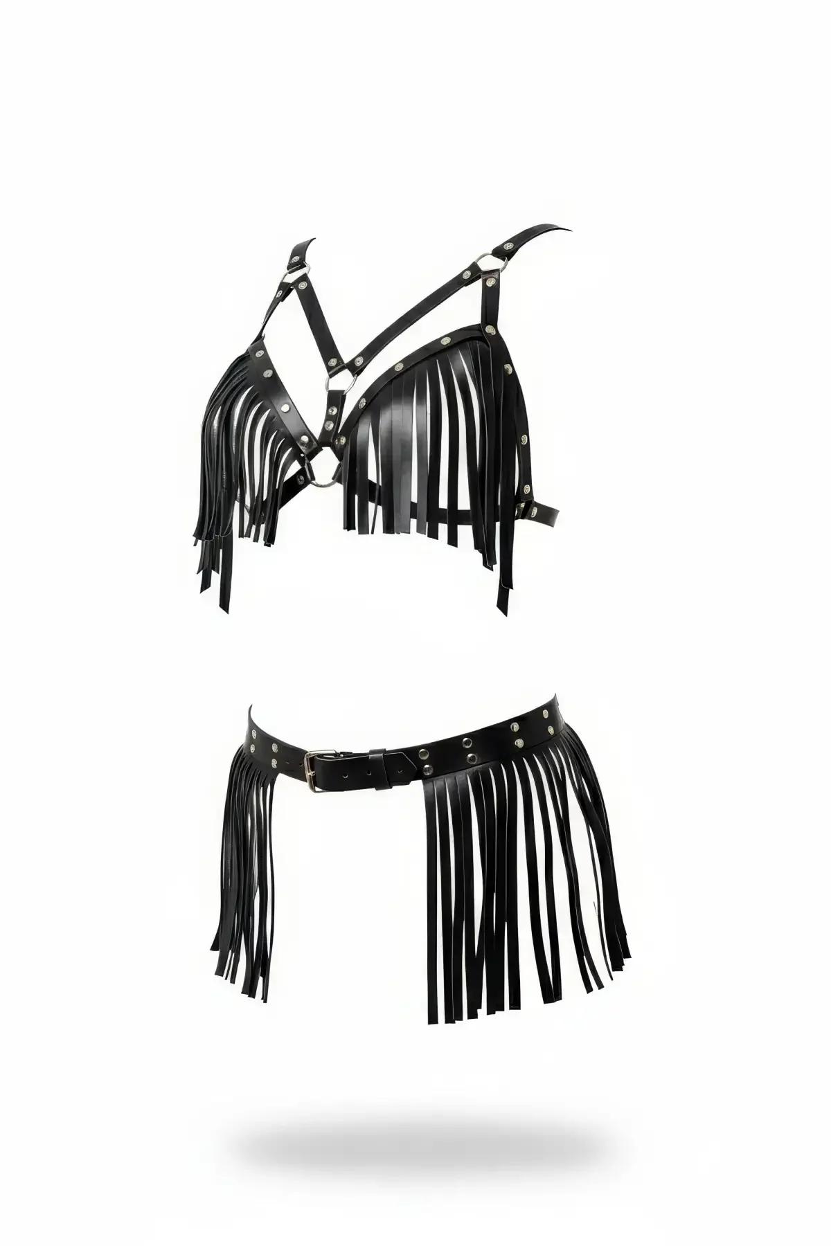 Siyah vegan deri püsküllü zımbalı bel kemeri ve harness seti gümüş metal halka detay