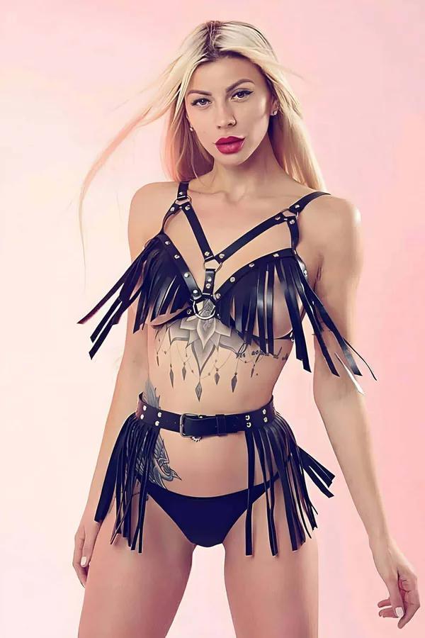 Black faux leather two-piece fringe harness set with silver O-ring studs and long fringe on chest harness and waist belt