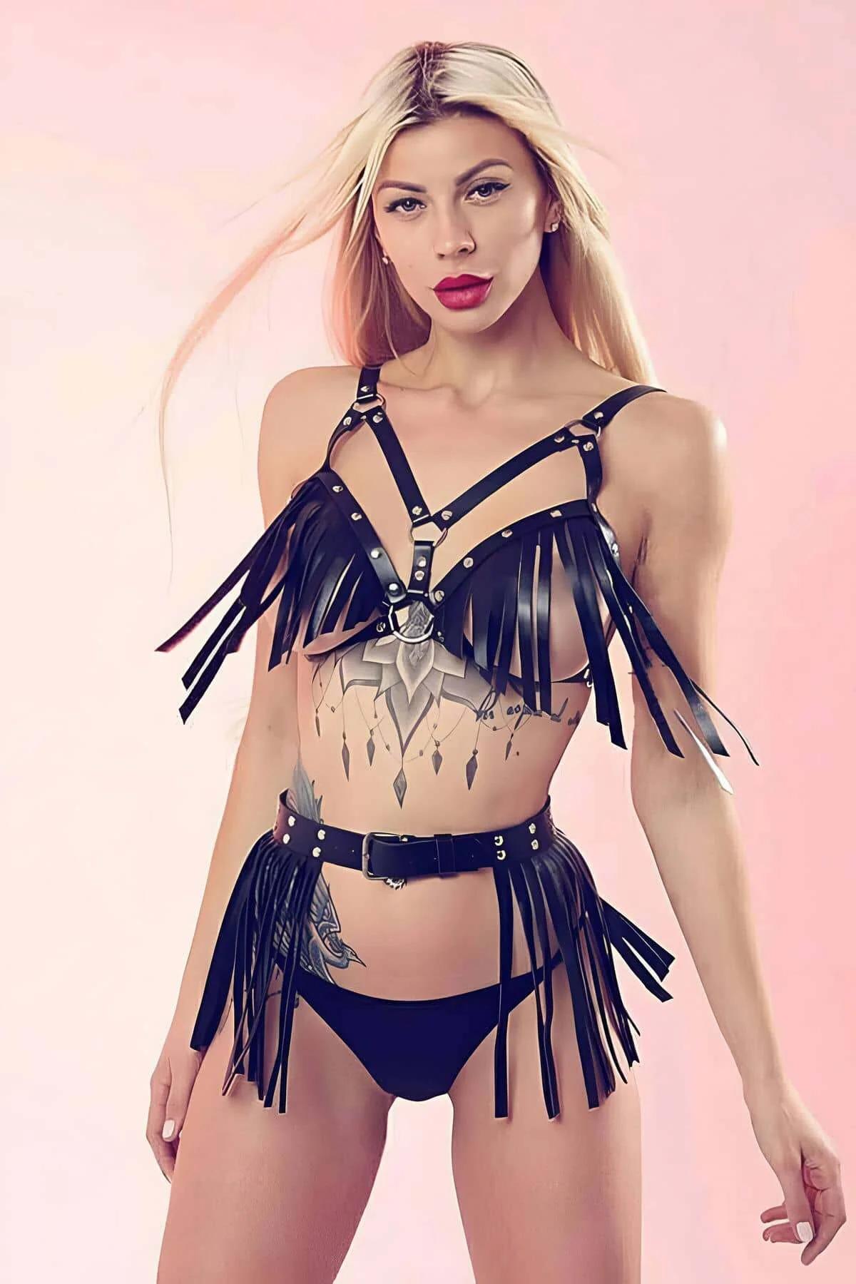 Black faux leather two-piece fringe harness set with silver O-ring studs and long fringe on chest harness and waist belt