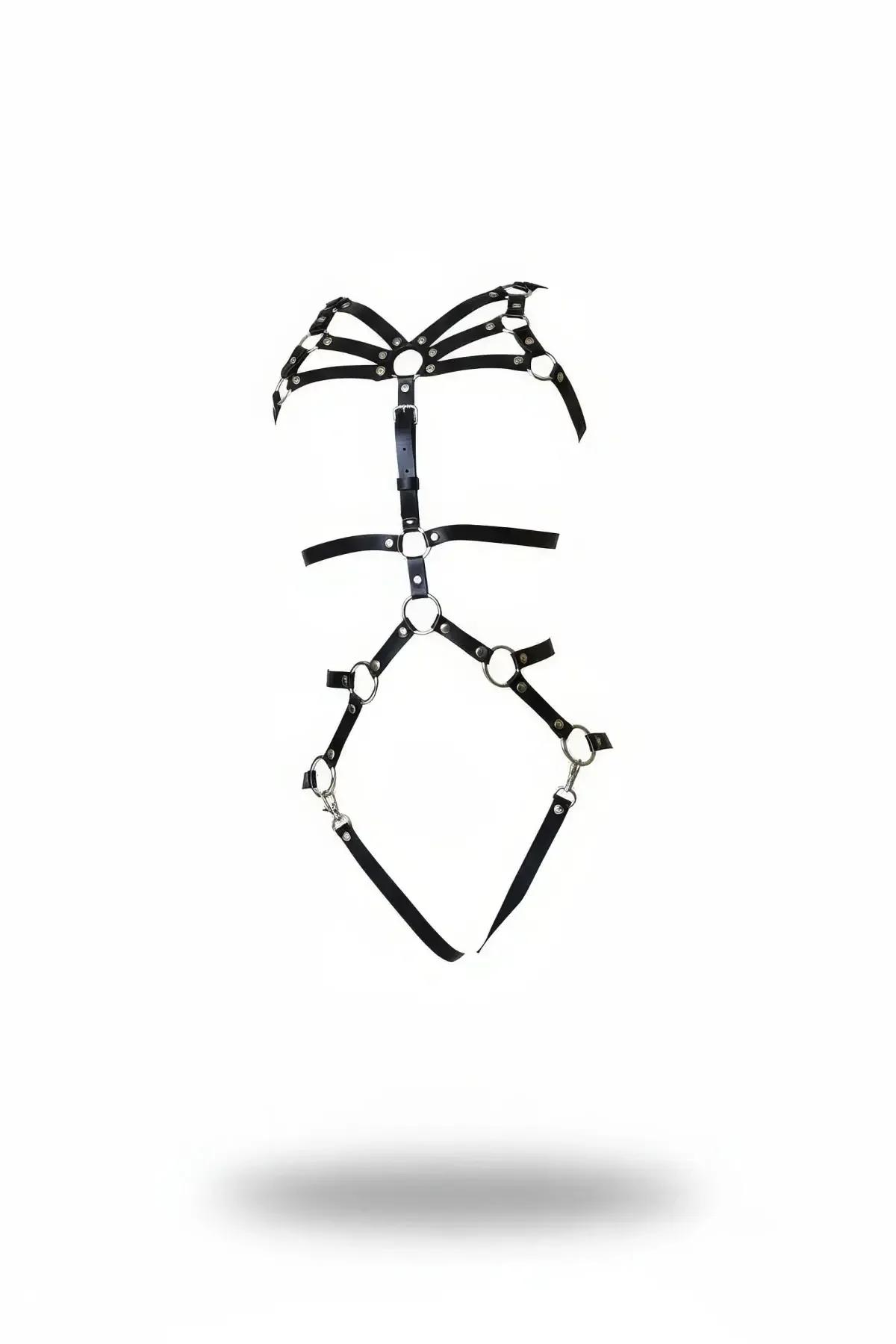 siyah faux leather body harness gümüş O-halkalı göğüs kafesi bel ve bacak çerçeveli tam vücut tasarım