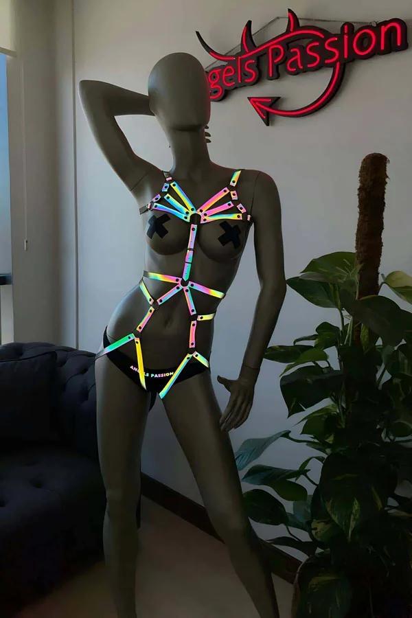 Rainbow reflective full body cage harness with iridescent multicolor straps and gunmetal O-ring on mannequin