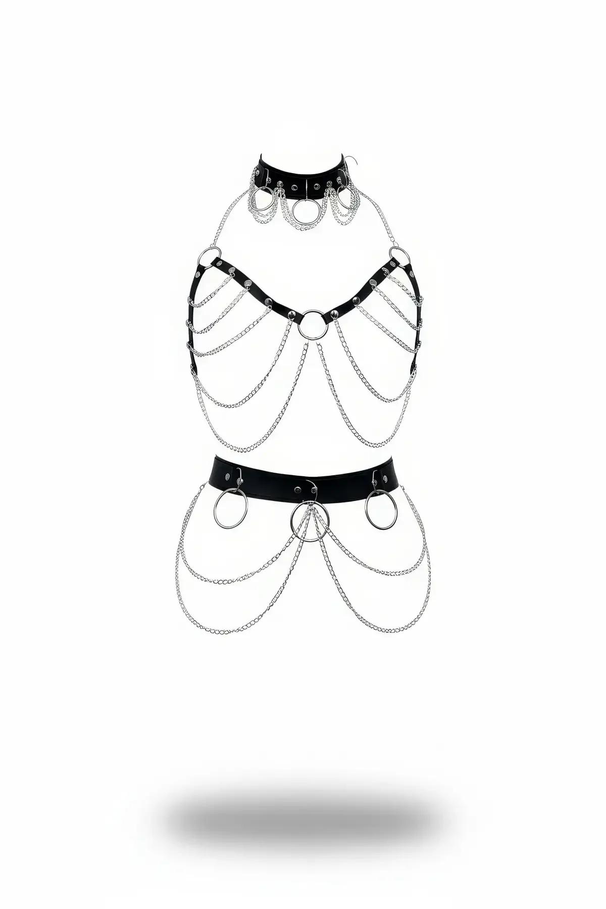 Siyah vegan deri zincirli harness takım 3 parça choker göğüs bandı ve bel kemeri gümüş O-halka detaylı