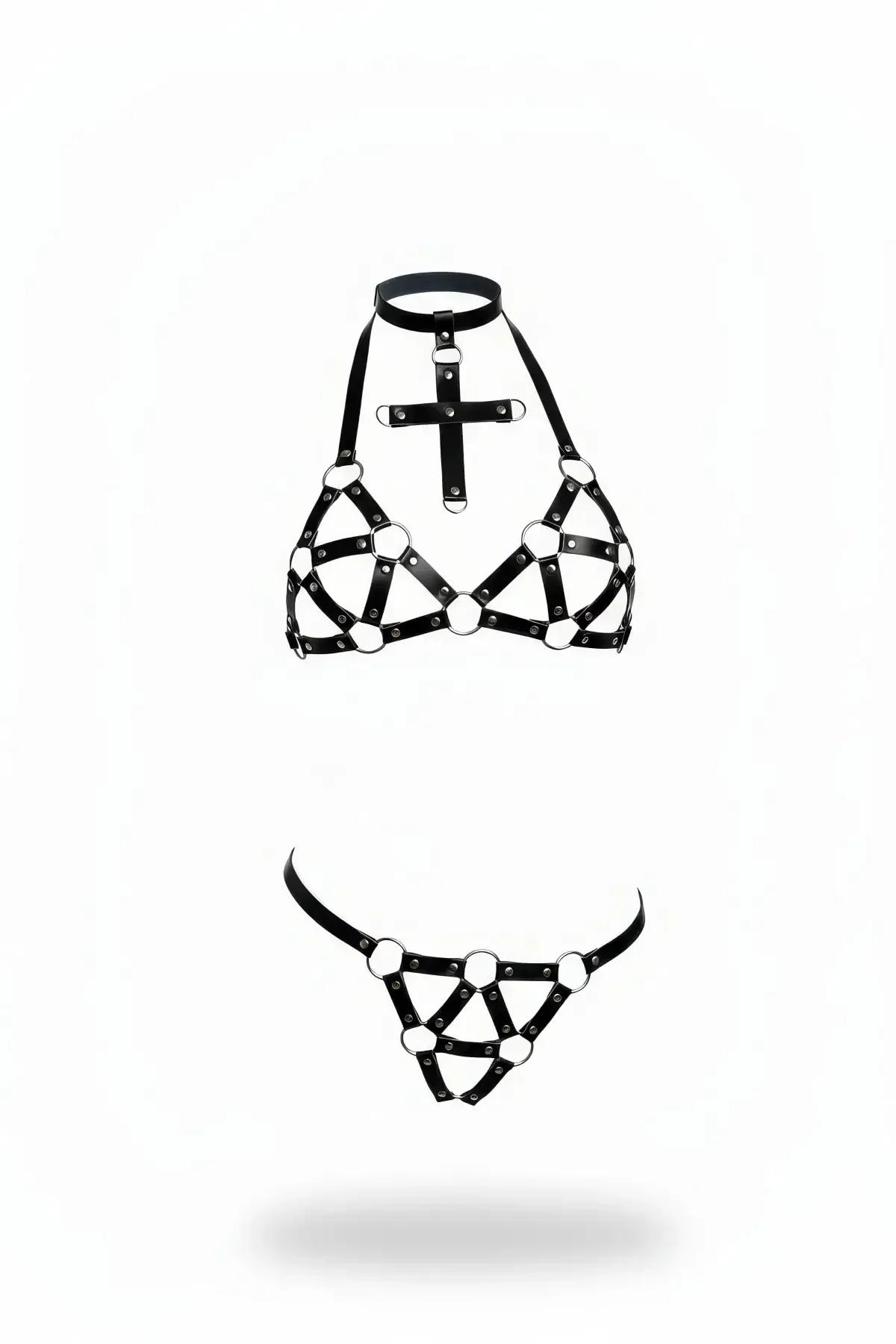 Siyah vegan deri harness takım haç detaylı choker yakalı gümüş O-halkalı 2 parça set