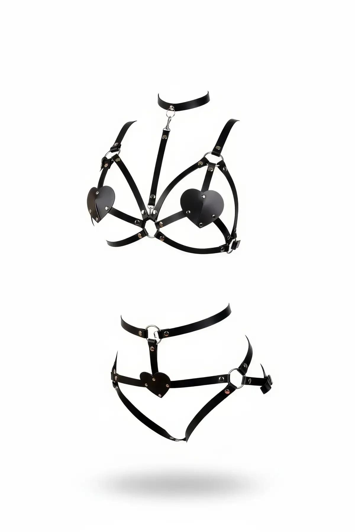Siyah vegan deri kalp detaylı harness takım choker göğüs ve bel harness 3 parça gümüş metal halka
