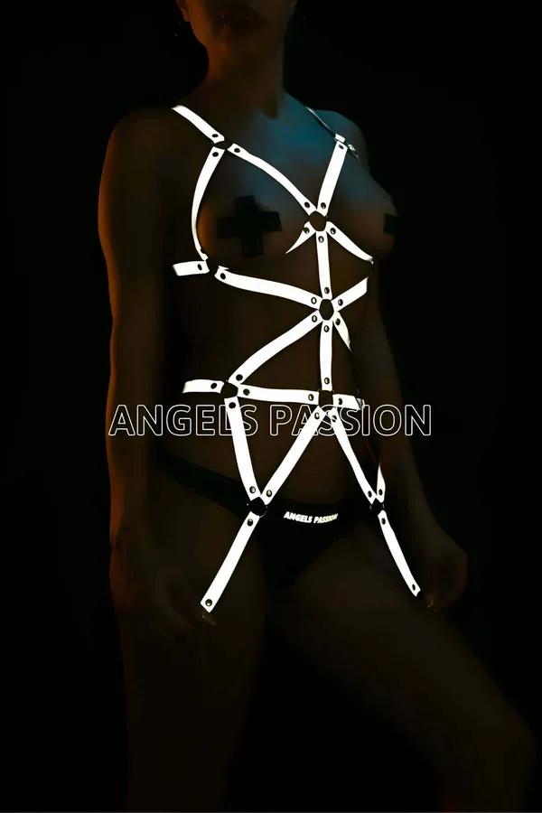 Full body reflective harness with geometric multi-strap cage design in bright silver-white reflective nylon and metal O-ring