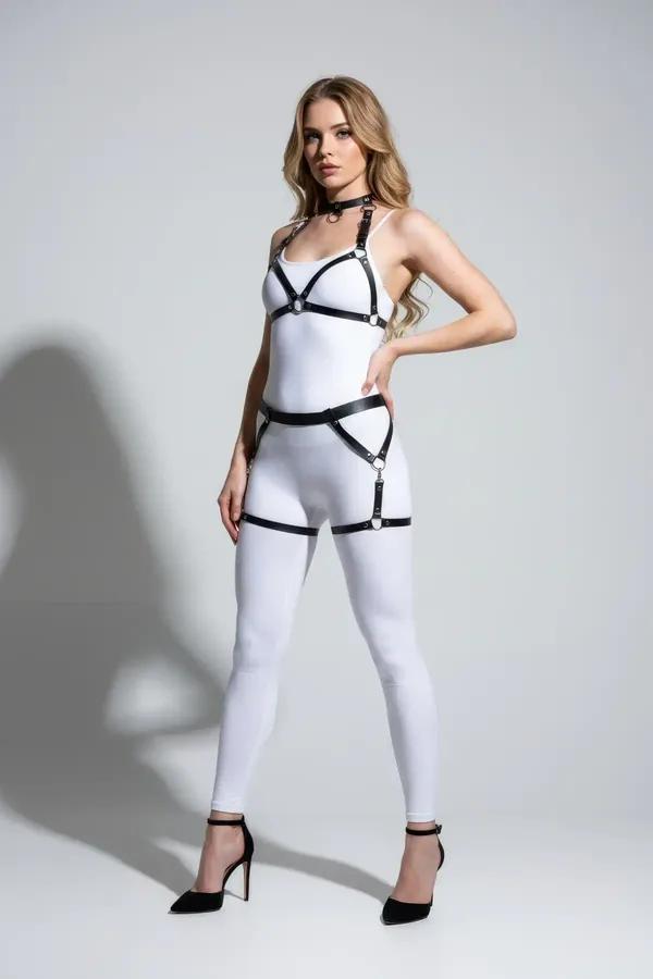 siyah vegan deri harness takım gümüş metal O-halka detaylı choker göğüs bel ve uyluk bantları