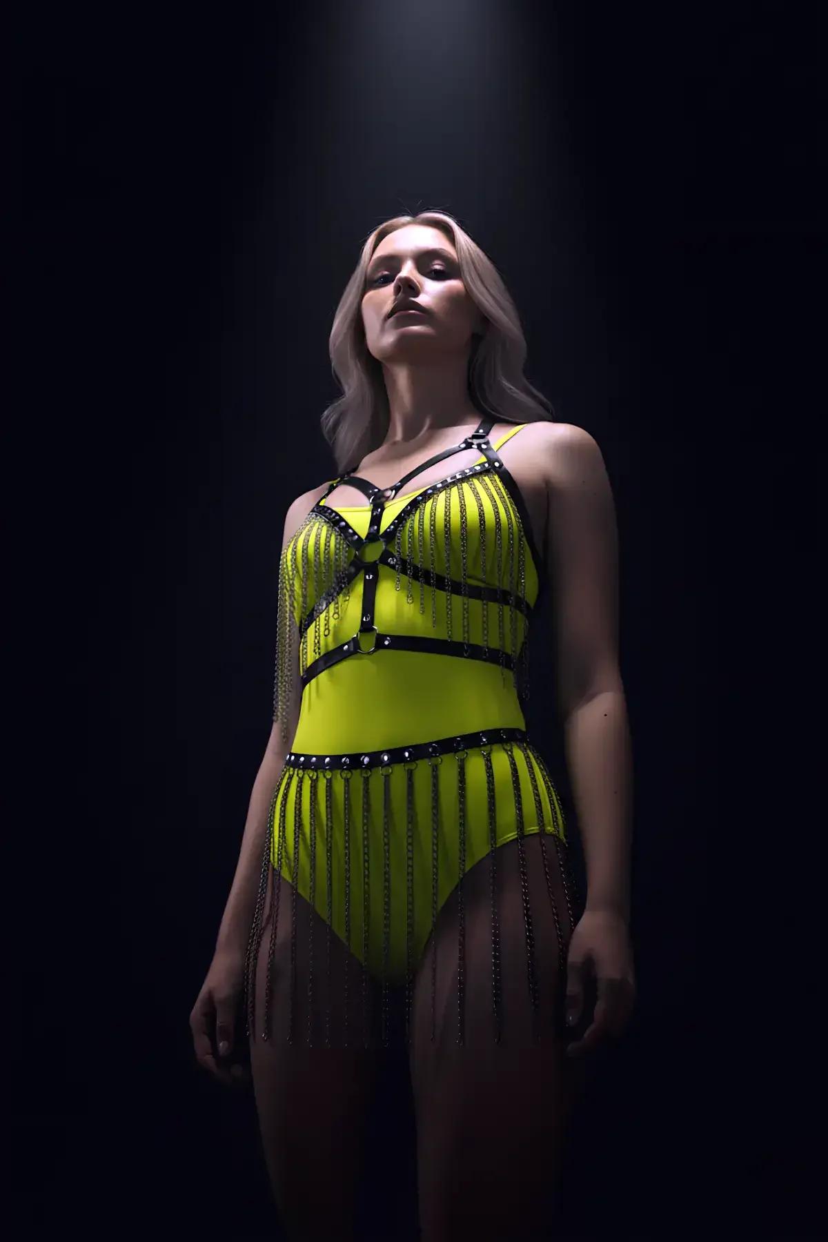 neon yellow body harness with black faux leather straps tiered silver-tone chain fringe and O-ring bust detail front view